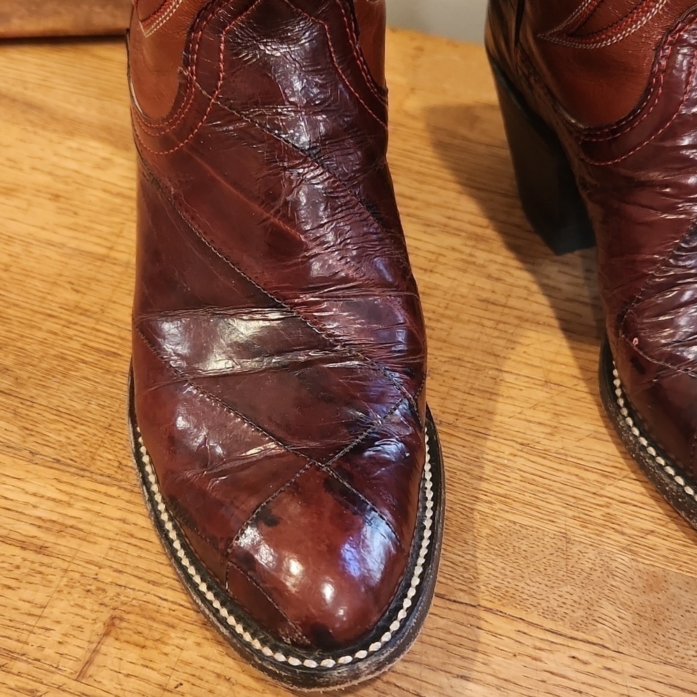 DAN Post Exotic Eel and Cowhide Cognac Boots Style 4219 Wm 5C Almond toe Vtg - Picture 16 of 16